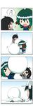  &gt;_&lt; 3girls 4koma :d absurdres animal_ears asymmetrical_wings black_hair bobblehat buried chibi closed_eyes comic failure fang flying_sweatdrops green_hair hat highres houjuu_nue kasodani_kyouko mittens multiple_girls murasa_minamitsu open_mouth polearm rakugaki-biyori sailor_hat silent_comic smile snow snowman sweatdrop touhou trident weapon wings 