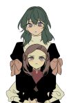  2girls b_(wldms6650) black_dress blue_hair bow brown_hair byleth_(female)_(fire_emblem) byleth_(fire_emblem) character_request child commentary_request dress fire_emblem fire_emblem:_three_houses hair_ribbon highres hug hug_from_behind long_hair long_sleeves multiple_girls parted_lips pink_bow purple_eyes purple_ribbon ribbon simple_background twintails white_background 