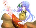  bad_id bad_pixiv_id biwa_lute hair_ornament instrument lute_(instrument) music musical_note playing_instrument purple_eyes purple_hair sariteru simple_background solo staff_(music) touhou tsukumo_benben twintails 