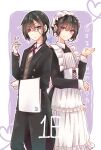  2boys apron banjou_azusa black_hair black_suit blush butler closed_mouth crossdressing formal gloves hair_between_eyes heart koisuru_(otome)_no_tsukurikata long_sleeves looking_at_viewer maid maid_apron maid_headdress male_focus male_maid mars_symbol mihate_hiura multiple_boys otoko_no_ko pants pink_eyes shirt short_hair short_ponytail smile suit white_gloves 