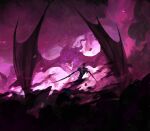  1boy arm_blade armor battle commentary debris dominik_mayer dragon dragonshield english_commentary fantasy glowing glowing_eyes highres monster official_art open_mouth pauldrons pink_eyes purple_theme sharp_teeth shoulder_armor smoke tail teeth weapon wide_shot wings wyvern 