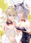  2girls absurdres admiral_hipper_(azur_lane) alternate_costume alternate_hairstyle animal_ears azur_lane bare_shoulders black_leotard blonde_hair bow bowtie breast_envy breasts cleavage closed_eyes clothing_cutout detached_collar fake_animal_ears flat_chest green_eyes grey_hair heart_cutout highres large_breasts leotard long_hair multiple_girls playboy_bunny prinz_eugen_(azur_lane) rabbit_ears red_bow red_bowtie simple_background stomach_cutout strapless strapless_leotard user_murasaki white_background white_leotard wrist_cuffs 