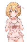  1girl absurdres babydoll bare_shoulders blush bow brown_eyes brown_hair closed_mouth collarbone dot_nose flat_chest hair_bow hair_ribbon hands_up highres idolmaster idolmaster_cinderella_girls idolmaster_cinderella_girls_starlight_stage koga_koharu looking_at_viewer mariabowl midriff motion_lines navel panties pink_babydoll pink_bow pink_panties pink_ribbon ribbon short_hair simple_background smile solo underwear underwear_only white_background 