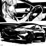  1girl car_interior collared_shirt driving english_commentary from_side genesis_(company) genesis_g70 greyscale hair_between_eyes hair_ribbon highres looking_at_viewer monochrome multiple_views necktie nougat_(73r1r1) open_mouth original ribbon shadow shirt twintails vehicle_focus vehicle_interior 
