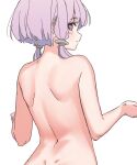  1girl back back_focus blush closed_mouth completely_nude dimples_of_venus from_behind hands_up highres long_hair looking_at_viewer looking_back nude out-of-frame_censoring profile purple_eyes purple_hair shade_of_trees short_hair_with_long_locks shoulder_blades sidelocks simple_background solo upper_body vocaloid voiceroid w_arms white_background yuzuki_yukari 