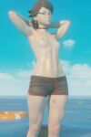  1girl 3d absurdres armpits arms_behind_head arms_up beach black_eyes black_hair black_shorts blue_sky blush boruto:_two_blue_vortex breasts day earrings food fruit glasses highres horizon jewelry leg_tattoo looking_at_viewer navel nipples nude ocean outdoors self-upload short_hair short_shorts shorts sky small_breasts solo stomach sweat swim_ring tattoo thighs tomboy topless uchiha_sarada valenok water water_drop watermelon wet wet_clothes 