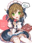  1girl 2024 blue_dress blush box box_of_chocolates brown_hair chocolate commentary_request cowboy_shot dragalia_lost dress eating food green_eyes heart holding holding_box holding_food long_sleeves looking_at_viewer maid maid_headdress melody_(dragalia_lost) open_mouth short_hair simple_background single_thighhigh sitting solo speech_bubble spoken_sweatdrop sweatdrop takasaka_light thighhighs twitter_username valentine white_background white_thighhighs 