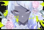  1girl blue_eyes close-up colored_skin expressionless flower goma_irasuto grey_skin highres long_hair looking_at_viewer original pink_flower pink_rose rose shirt solo translation_request upper_body white_flower white_hair white_rose white_shirt white_theme 