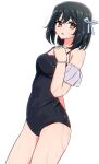 1girl black_hair black_one-piece_swimsuit blue_ribbon breasts hair_ribbon hichi_(asa_makudo) looking_at_viewer love_live! love_live!_nijigasaki_high_school_idol_club medium_breasts mifune_shioriko one-piece_swimsuit open_mouth red_eyes ribbon short_hair solo standing swimsuit upper_body wet wet_clothes wet_hair white_background 