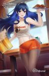  1girl :d bare_shoulders blue_eyes blue_hair brand_of_the_exalt breasts chair chicken_(food) cleavage commission cowboy_shot cup doiparuni fire_emblem fire_emblem_awakening food highres holding holding_cup holding_plate hooters indoors long_hair looking_at_viewer lucina_(fire_emblem) midriff mug navel open_mouth orange_shorts pantyhose plate shirt short_shorts shorts sidelocks sleeveless sleeveless_shirt small_breasts smile solo symbol_in_eye table tank_top tiara tied_shirt white_tank_top window 