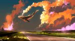  absurdres animal blue_sky cloud cloudy_sky commentary dominik_mayer english_commentary flying_whale grass highres landscape no_humans orange_clouds original outdoors road scenery signature sky whale 