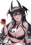  1girl 39chiho absurdres apple bikini black_bikini black_garter_straps black_horns black_nails black_thighhighs black_wings breasts cleavage collarbone commission demon_girl demon_horns eyelashes fang food fruit garter_straps head_wings highres holding holding_food holding_fruit horns huge_breasts long_hair o-ring o-ring_bikini open_mouth original pointy_ears red_eyes single_garter_strap skin_fang swimsuit thigh_gap thighhighs wings 