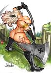  amazon_(dragon's_crown) armlet armor ass bikini_armor blonde_hair boots breasts circlet dragon's_crown error feathers halberd highres large_breasts long_hair muscle polearm purple_eyes qblade solo tattoo thick_thighs thighs weapon 