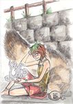  animal_ears bad_id bad_pixiv_id bone brown_hair ferret futatsuiwa_mamizou ghost graphite_(medium) highres kobuushi leaf leaf_on_head one-eyed raccoon_ears raccoon_tail short_hair sitting skirt sleeveless tail touhou traditional_media very_short_hair wall watercolor_(medium) 