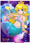  1girl air_bubble artist_name ballhuman bikini bikini_top_only blonde_hair blue_bikini blue_eyes bracelet brooch bubble cheep_cheep earrings fins fish fish_tail gold_bracelet jewelry layered_bikini long_hair mario_(series) mermaid mermaid_peach monster_girl navel necklace official_alternate_costume pearl_earrings pearl_necklace pink_bikini princess_peach princess_peach:_showtime! solo sphere_earrings strapless strapless_bikini submerged swimsuit tail underwater 