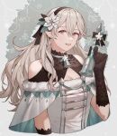  1girl ai_tkkm alternate_costume bare_shoulders bell black_gloves black_hairband christmas clothing_cutout commentary_request corrin_(female)_(fire_emblem) corrin_(fire_emblem) dress earrings fire_emblem fire_emblem_fates flower gloves grey_hair hair_between_eyes hair_flower hair_ornament hairband highres holding holding_bell jewelry long_hair looking_at_viewer open_mouth pointy_ears red_eyes shoulder_cutout smile solo white_dress white_flower 