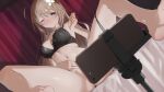  1girl ;t absurdres aogiri_koukou aqua_eyes black_bra blush bottomless bra breasts brown_hair clenched_hand commentary_request curtains flower hair_flower hair_ornament highres implied_masturbation indoors kkix25 kurikoma_komaru large_breasts long_hair looking_at_phone navel nose_blush on_bed panties panties_around_one_leg phone pout record recording sitting solo spread_legs stomach tripod underwear virtual_youtuber white_flower 