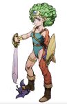  1girl belt blue_eyes blue_gloves blue_leotard boots brown_footwear closed_mouth commentary_request dracky dragon_quest dragon_quest_iv full_body gloves green_hair heroine_(dq4) highres holding holding_shield holding_sword holding_weapon iwamoto_tatsurou leotard medium_hair shield simple_background single_glove smile solo standing stepped_on sword thighlet weapon white_background 