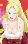  1girl beatrix_amerhauser blonde_hair breasts cleavage collarbone green_eyes hair_intakes highres jampen leaning_forward long_hair looking_at_viewer open_mouth pants ponytail shirt smile solo tank_top teeth tongue upper_teeth_only white_shirt zom_100:_zombie_ni_naru_made_ni_shitai_100_no_koto 