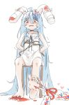  1girl @_@ ahoge animal_ears bandaged_ear bandages black_choker black_ribbon blood blue_hair chair choker double-parted_bangs dress guro hair_between_eyes highres indie_virtual_youtuber light_blue_hair long_hair looking_down lop_rabbit_ears para_(vtuber) para_(vtuber)_(1st_costume) parasite_(para) pom_pom_(clothes) rabbit_ears rabbit_girl restrained ribbon scared scissors sidelocks sundress thick_eyebrows tied_to_chair torture trembling very_long_hair virtual_youtuber white_background white_dress wwparasi 