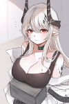  1girl arknights bare_shoulders blush breasts cleavage hammer highres holding horns hyeroin large_breasts long_hair looking_at_viewer material_growth mudrock_(arknights) oripathy_lesion_(arknights) pointy_ears red_eyes solo sweat white_hair 