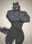  1boy abs animal_ears bara beard_stubble bulge crossed_arms eyepatch facial_hair feet_out_of_frame furry furry_male grey_fur grey_theme grin highres large_pectorals looking_at_viewer male_focus mature_male muscular muscular_male navel nipples original pectorals short_hair smile solo standing stomach stubble tail thick_eyebrows thick_thighs thighs tooboshoo topless_male wolf_boy wolf_ears wolf_tail 