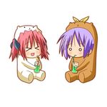  &gt;_&lt; :3 animal_costume bear_costume bear_tsukasa bear_yutaka capybara-san chibi closed_eyes drinking drinking_straw glass hiiragi_tsukasa kobayakawa_yutaka lowres lucky_star minami_(colorful_palette) multiple_girls o_o open_mouth purple_hair red_hair short_hair simple_background sitting x3 