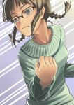  akizuki_ritsuko braid brown_hair glasses green_shirt idolmaster idolmaster_(classic) idolmaster_1 inu_(aerodog) shirt short_hair solo sweater twin_braids 