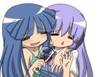  alcohol blue_hair dress drunk furude_rika goblet hanyuu higurashi_no_naku_koro_ni horns long_hair multiple_girls natsukawa_hikari purple_hair school_uniform wine 