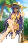  barefoot bikini book chair clannad day fujibayashi_kyou hand_on_headwear hat long_hair lounge_chair mutsuki_(moonknives) one_eye_closed purple_eyes purple_hair sarong solo sun_hat swimsuit very_long_hair yellow_sarong 