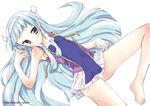  bangs barefoot blue_hair blunt_bangs flat_chest hair_tubes hairband kannagi long_hair nagi panties pantyshot pleated_skirt purple_eyes saiya skirt solo underwear white_skirt 