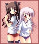  aqua_eyes artist_request black_legwear blush brown_hair fate/stay_night fate_(series) illyasviel_von_einzbern long_hair multiple_girls red_eyes silver_hair thighhighs toosaka_rin 