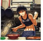  abs bare_arms bare_shoulders black_hair blue_eyes bottle bowl clock closed_mouth cooking cowboy_shot doi_tabasuko dual_wielding egg faucet food frying_pan holding holding_food hot idolmaster idolmaster_(classic) idolmaster_1 indoors kikuchi_makoto kitchen midriff navel noodles note one_eye_closed outstretched_hand pants short_hair sink solo soup sports_bra spray_bottle strainer sweat timer toned track_pants vegetable water_pipe 