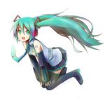  bad_id bad_pixiv_id black_legwear blue_hair detached_sleeves green_eyes hatsune_miku laughing long_hair miniskirt necktie nnyu pleated_skirt simple_background skirt solo thighhighs twintails very_long_hair vocaloid zettai_ryouiki 