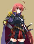  ahoge armor cape corset ichimedoo long_hair oda_nobunaga_(sengoku_hime) red_hair sengoku_hime solo sword thighhighs very_long_hair weapon zettai_ryouiki 