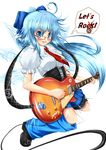 1girl ahoge alternate_hairstyle bad_id bad_pixiv_id bespectacled blue_eyes blue_hair blush bow breasts cirno english glasses guitar instrument kantarou_(nurumayutei) leg_warmers long_hair medium_breasts necktie open_mouth plaid plaid_skirt pleated_skirt skirt solo touhou wings 
