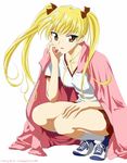  artist_request blonde_hair brown_eyes gym_uniform jacket jacket_on_shoulders jpeg_artifacts sawachika_eri school_rumble shoes sneakers solo squatting twintails 