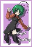  alternate_costume antennae blush blush_stickers casual character_name english green_eyes green_hair miwa_maku open_mouth shoes solo thighhighs touhou wriggle_nightbug 