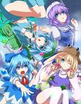  angry backpack bad_id bad_pixiv_id bag blonde_hair blue_eyes blue_hair cirno claw_hammer fang food frog fuji_hyorone hair_ribbon hammer hat highres ice_cream kawashiro_nitori key letty_whiterock moriya_suwako multiple_girls nut_(hardware) one_eye_closed purple_hair ribbon salute screwdriver short_hair thighhighs tools touhou two_side_up washer white_legwear 