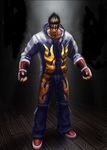  black_hair dark_background kazama_jin looking_at_viewer male_focus solo tekken wooden_floor 