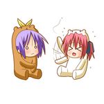  &gt;_&lt; :3 animal_costume bear_costume bear_tsukasa bear_yutaka bug capybara-san chibi closed_eyes fly hiiragi_tsukasa insect kobayakawa_yutaka lowres lucky_star minami_(colorful_palette) mosquito motion_blur multiple_girls o_o open_mouth purple_hair red_hair scratching short_hair simple_background sitting waving x3 