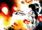  arm_cannon bad_id bad_pixiv_id black_hair cowboy_shot dain fire firing flame from_side green_skirt long_hair ponytail profile puffy_short_sleeves puffy_sleeves red_eyes reiuji_utsuho shaded_face short_sleeves skirt solo touhou very_long_hair weapon 