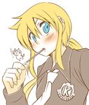  blonde_hair blue_eyes blush eating food highres hyakko kageyama_torako necktie pikachi pocky school_uniform solo 