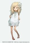  2008 absurdres arms_behind_back barefoot blonde_hair blue_eyes child dress flower full_body hair_flower hair_ornament highres long_hair looking_away saitou_shunsuke simple_background smile solo standing the_eye_of_judgement watermark white_background white_dress 