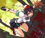  armband black_hair bobby_socks camera fan geta hat inuinui looking_at_viewer open_mouth red_eyes shameimaru_aya short_hair smile socks solo tengu-geta tokin_hat touhou 