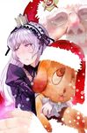  1girl blush caucasian christmas closed_mouth crown facial_hair frilled_sleeves frills frown fur_trim hairband hammer_and_sickle hat kunkun lolita_fashion lolita_hairband long_hair long_sleeves moruga mustache old_man pink_eyes red_hat rozen_maiden santa_claus santa_hat silver_hair snow soviet suigintou v-shaped_eyebrows white_hair wide_sleeves wrinkled_skin 