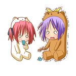  :3 animal_costume bear_costume bear_tsukasa bear_yutaka capybara-san chibi eating food hiiragi_tsukasa kobayakawa_yutaka lowres lucky_star minami_(colorful_palette) multiple_girls o_o open_mouth popsicle purple_hair red_hair short_hair simple_background sitting tears trembling 