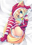  animal_ears aqua_hair bell bell_collar blonde_hair blue_eyes christmas collar elbow_gloves fox_ears gloves gradient_hair hat ichijou_hitoshi jingle_bell lying multicolored_hair original red_gloves santa_costume santa_hat short_hair solo striped striped_legwear tail thighhighs 