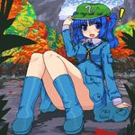  :d autumn_leaves bad_id bad_pixiv_id bare_legs blue_dress blue_eyes blue_hair boots convenient_leg dress flat_cap hat kawashiro_nitori kt2 long_sleeves looking_at_viewer lowres open_mouth pocket rubber_boots smile solo touhou two_side_up 