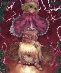  all_fours bad_id bad_pixiv_id blonde_hair bow dress eyepatch flower green_eyes highres hina_ichigo kirakishou long_hair multiple_girls olg pink_bow pink_hair rose rozen_maiden short_hair yellow_eyes 